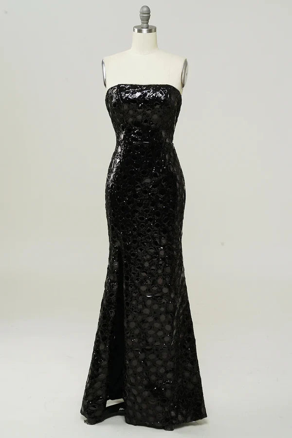 Black Strapless Sequined Mermaid Prom Dress Simple gentle atmospheric and unique design