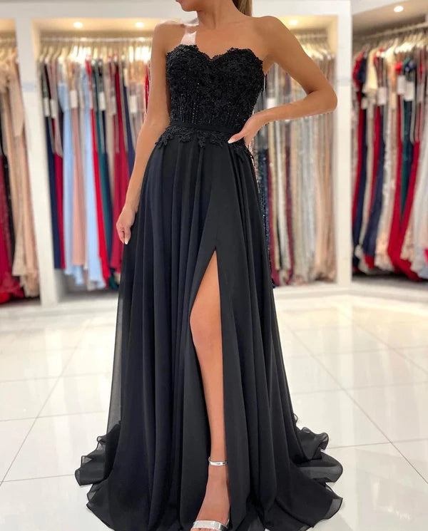 Black Sweetheart Long Prom Dress With Split Simple gentle atmospheric and unique design