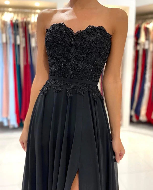 Black Sweetheart Long Prom Dress With Split Simple gentle atmospheric and unique design