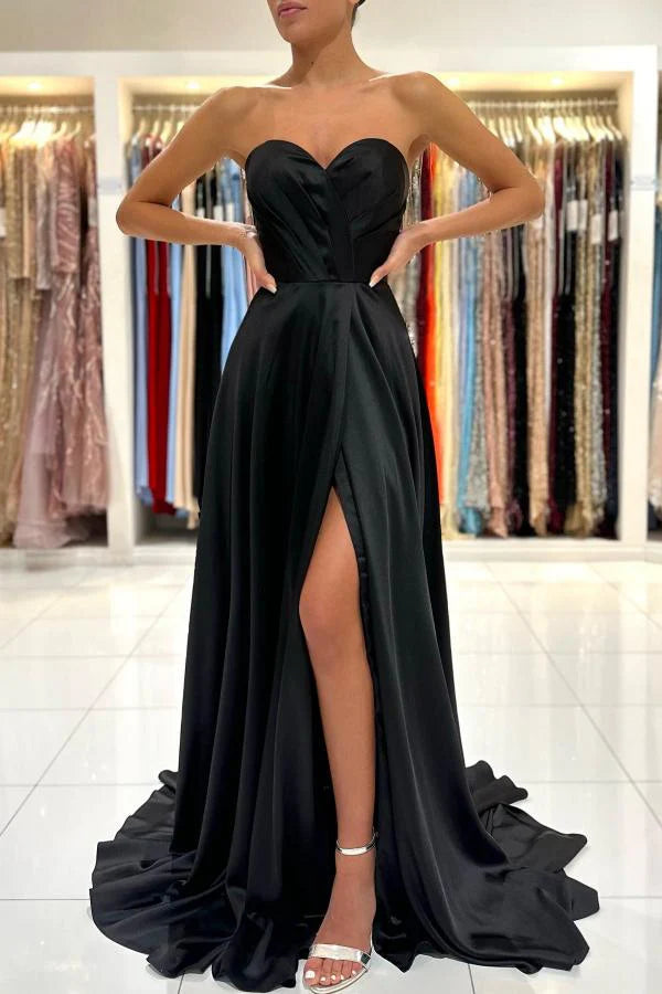 Black Sweetheart Prom Dress Long Slit Sleeveless Simple gentle atmospheric and unique design