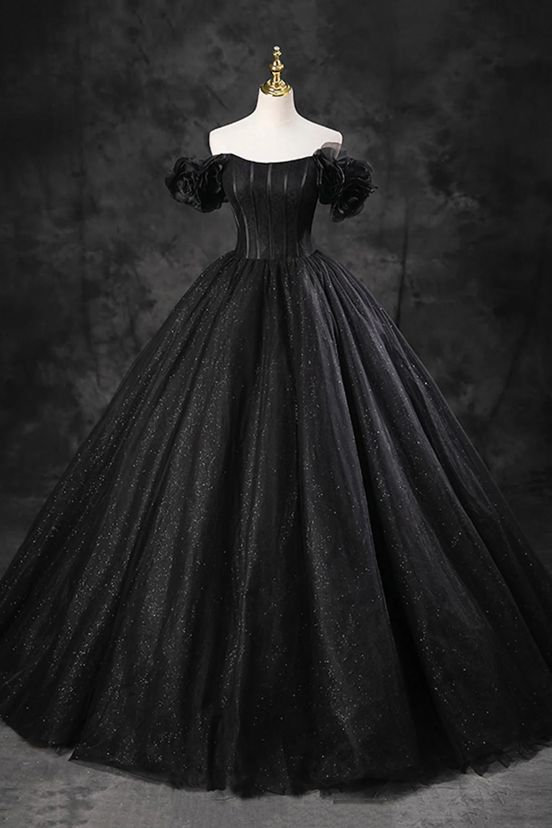 Black Tulle Floor Length A-Line Prom Dress Off the Shoulder Evening Party Dress simple gentle atmospheric and unique desi Bring summer colors to enhance white