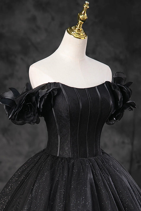 Black Tulle Floor Length A-Line Prom Dress Off the Shoulder Evening Party Dress simple gentle atmospheric and unique desi Bring summer colors to enhance white