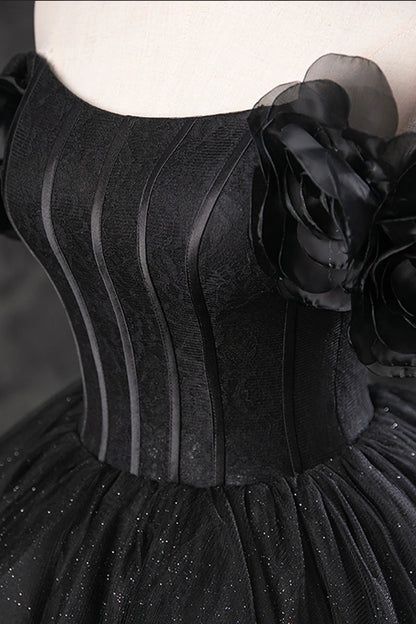 Black Tulle Floor Length A-Line Prom Dress Off the Shoulder Evening Party Dress simple gentle atmospheric and unique desi Bring summer colors to enhance white
