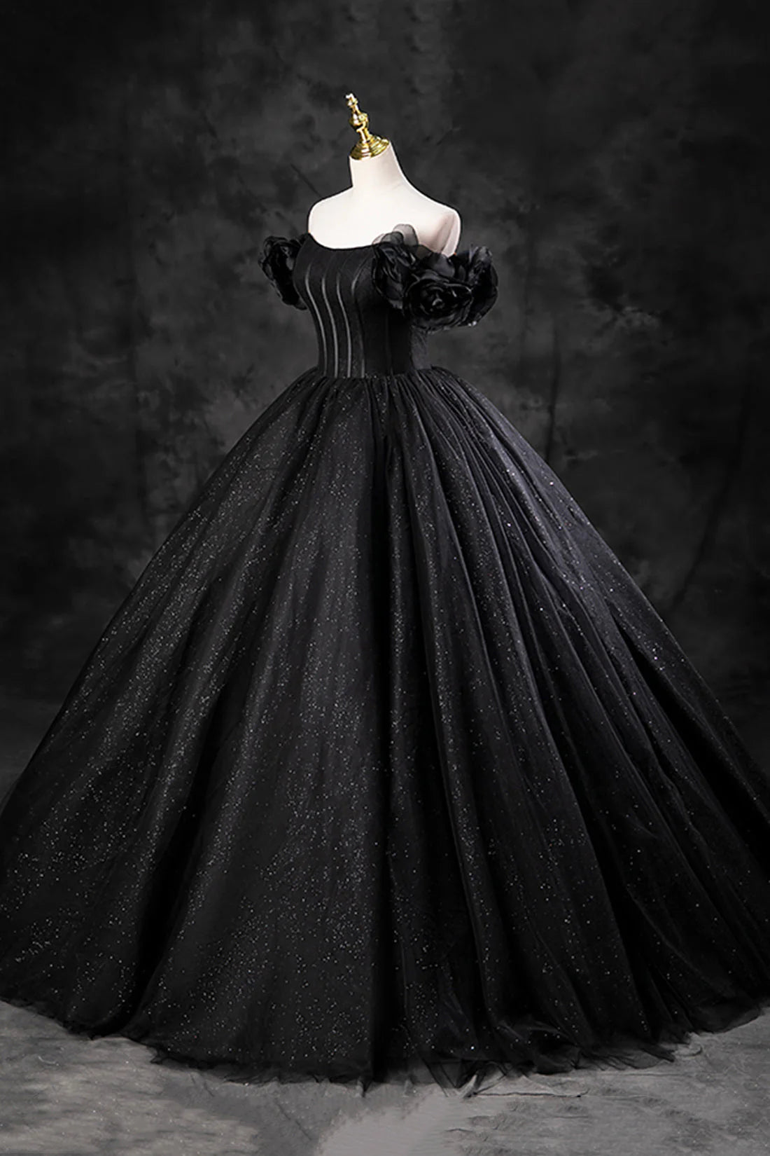 Black Tulle Floor Length A-Line Prom Dress Off the Shoulder Evening Party Dress simple gentle atmospheric and unique desi Bring summer colors to enhance white