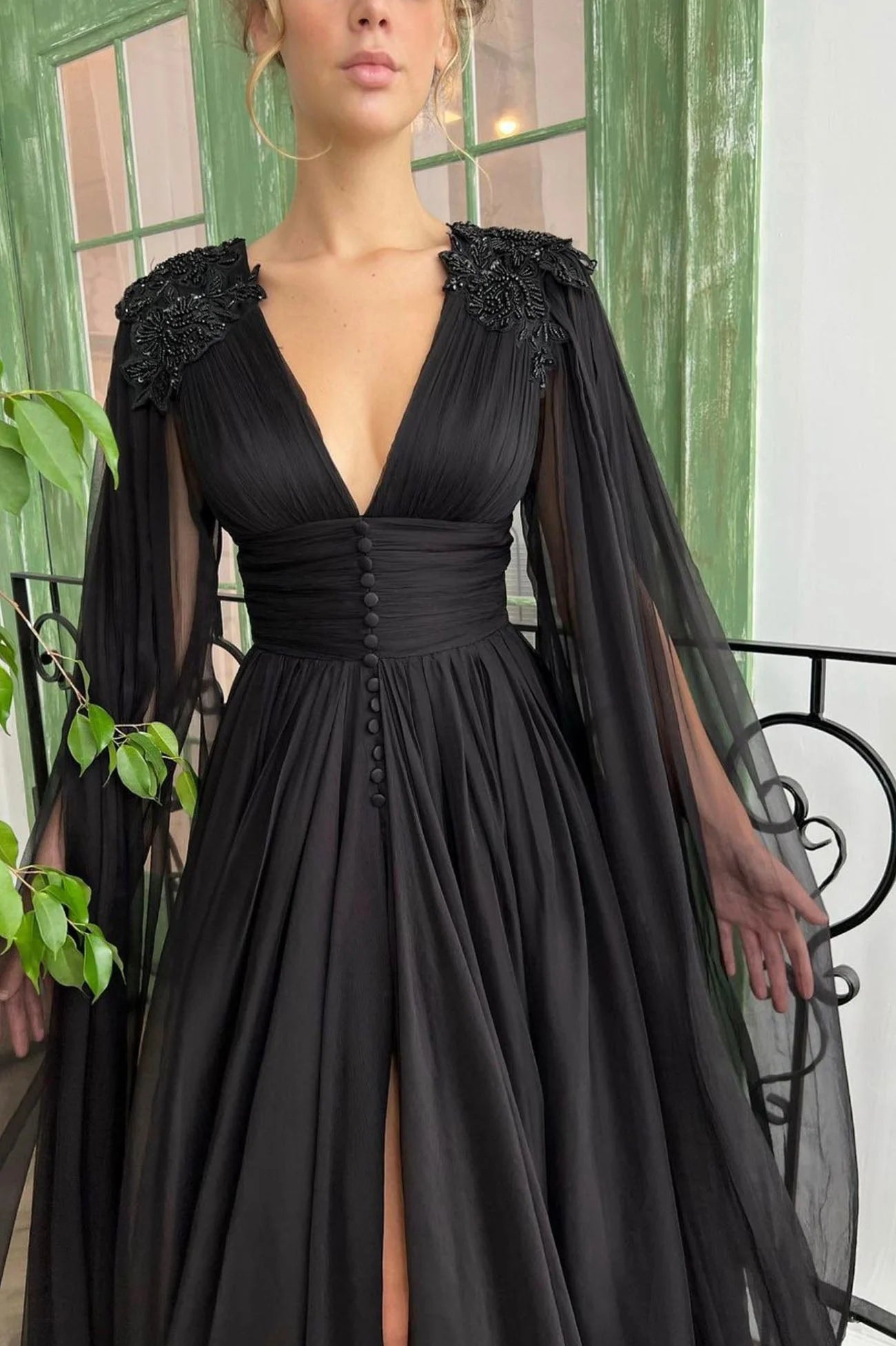 Black V-Neck Chiffon Long Prom Dress Black Evening Dress with Slit simple gentle atmospheric and unique desi Bring summer colors to enhance white