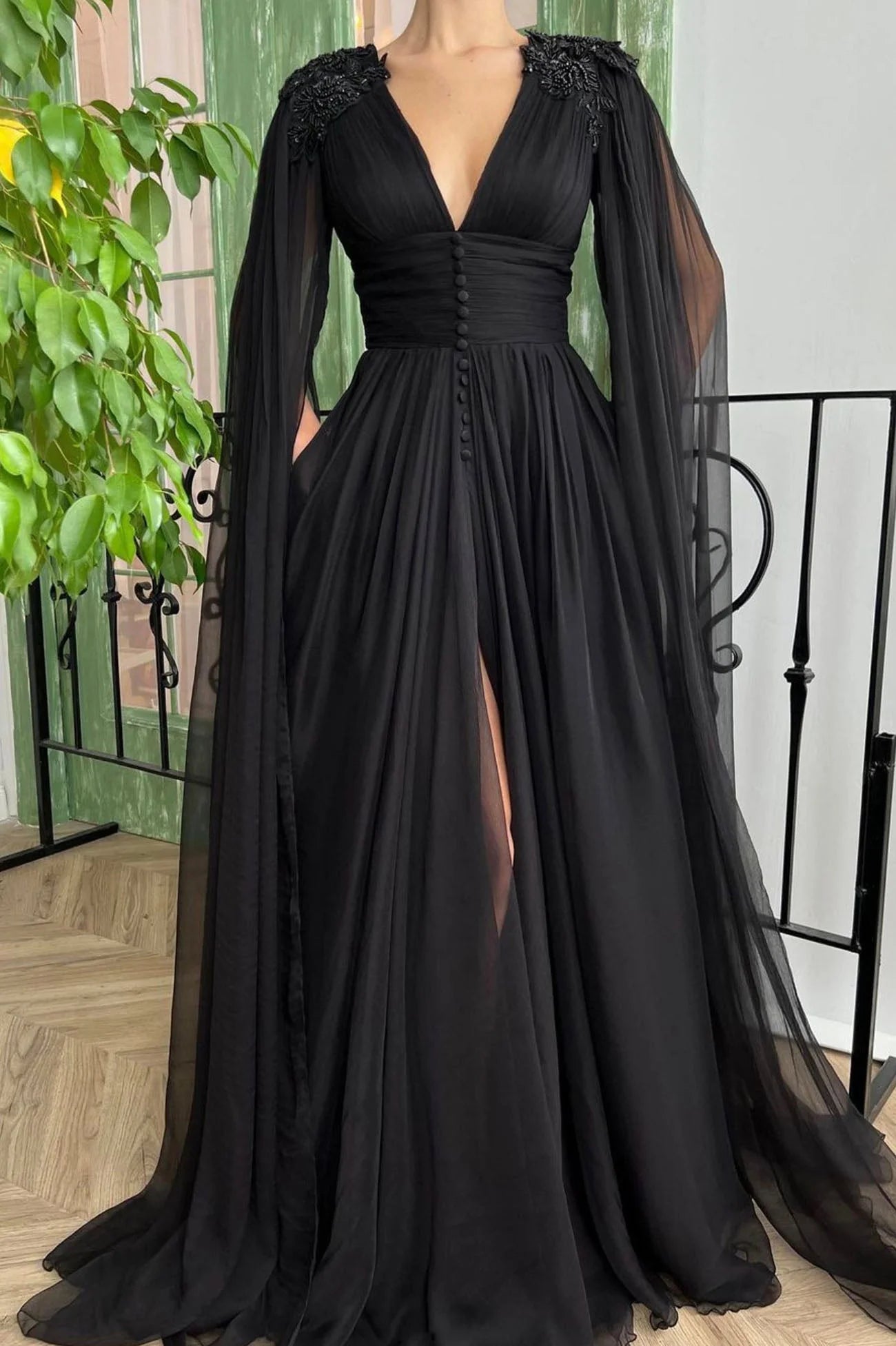 Black V-Neck Chiffon Long Prom Dress Black Evening Dress with Slit simple gentle atmospheric and unique desi Bring summer colors to enhance white