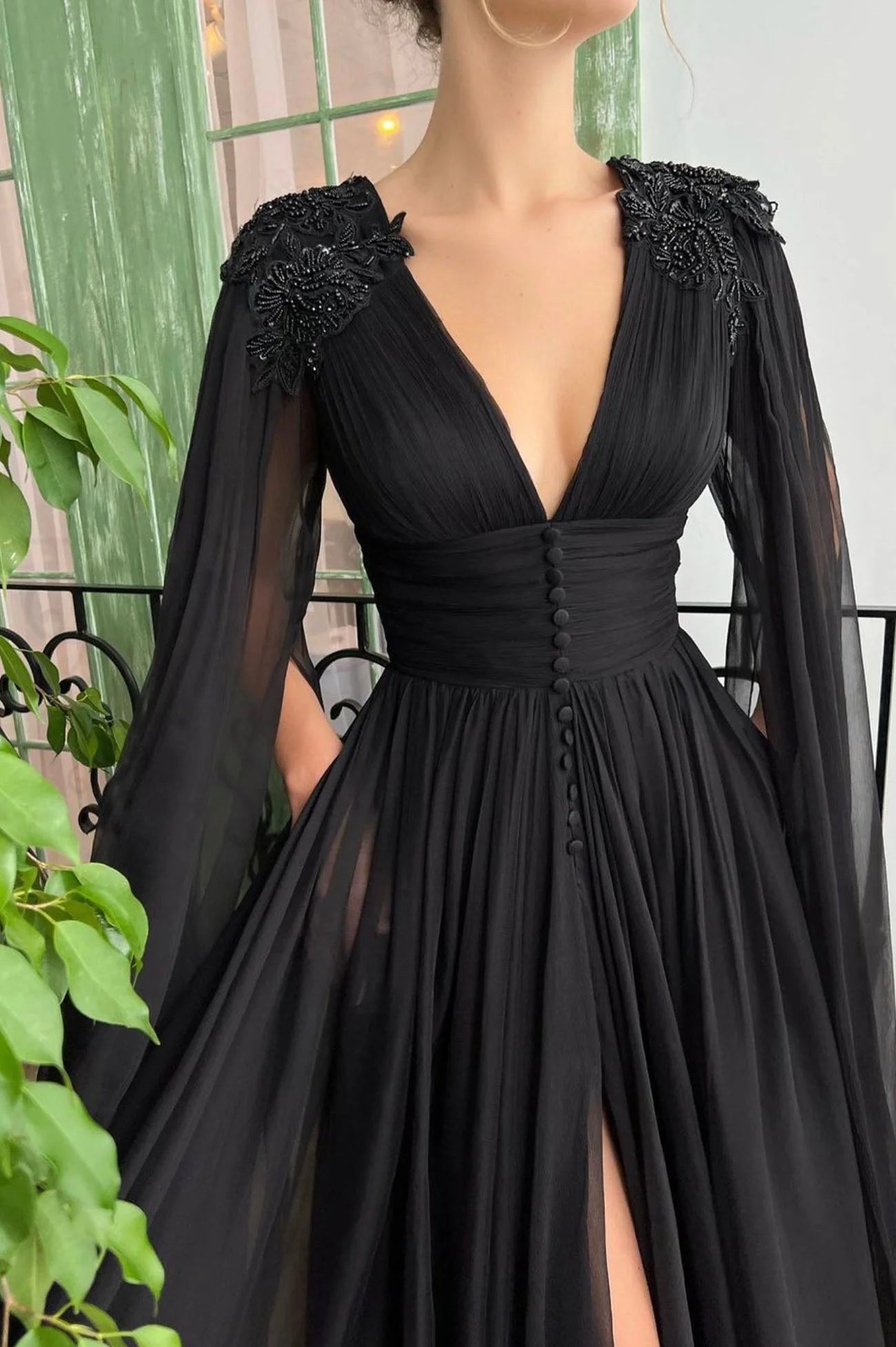 Black V-Neck Chiffon Long Prom Dress Black Evening Dress with Slit simple gentle atmospheric and unique desi Bring summer colors to enhance white