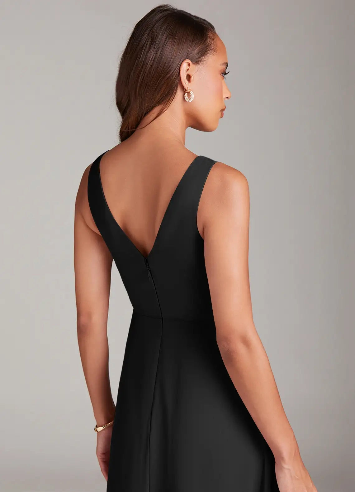 Black V-Neck Open Back Evening Gown with Side Slit  A-Line Pleated Chiffon Bridesmaid Dresses