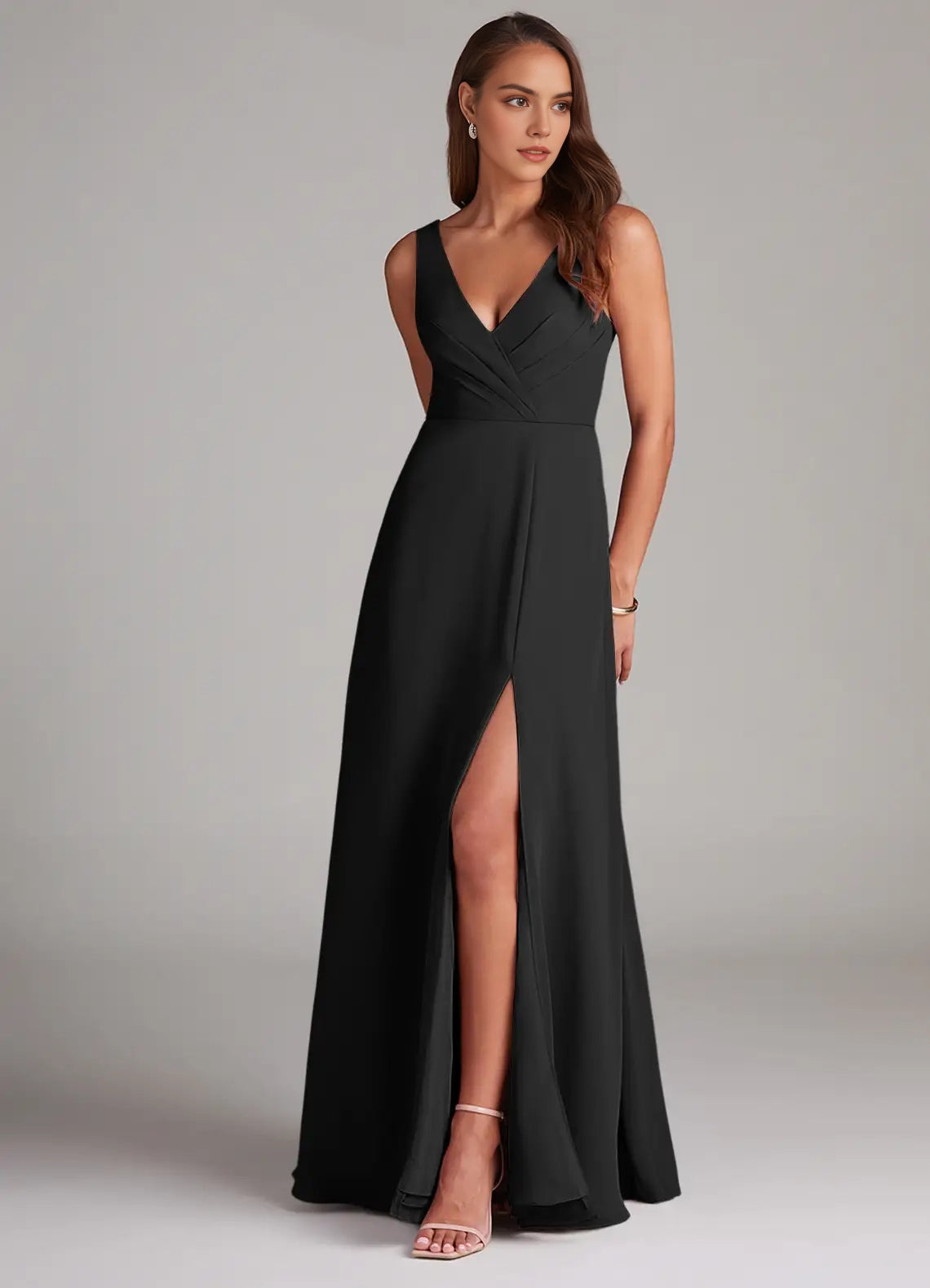 Black V-Neck Open Back Evening Gown with Side Slit  A-Line Pleated Chiffon Bridesmaid Dresses