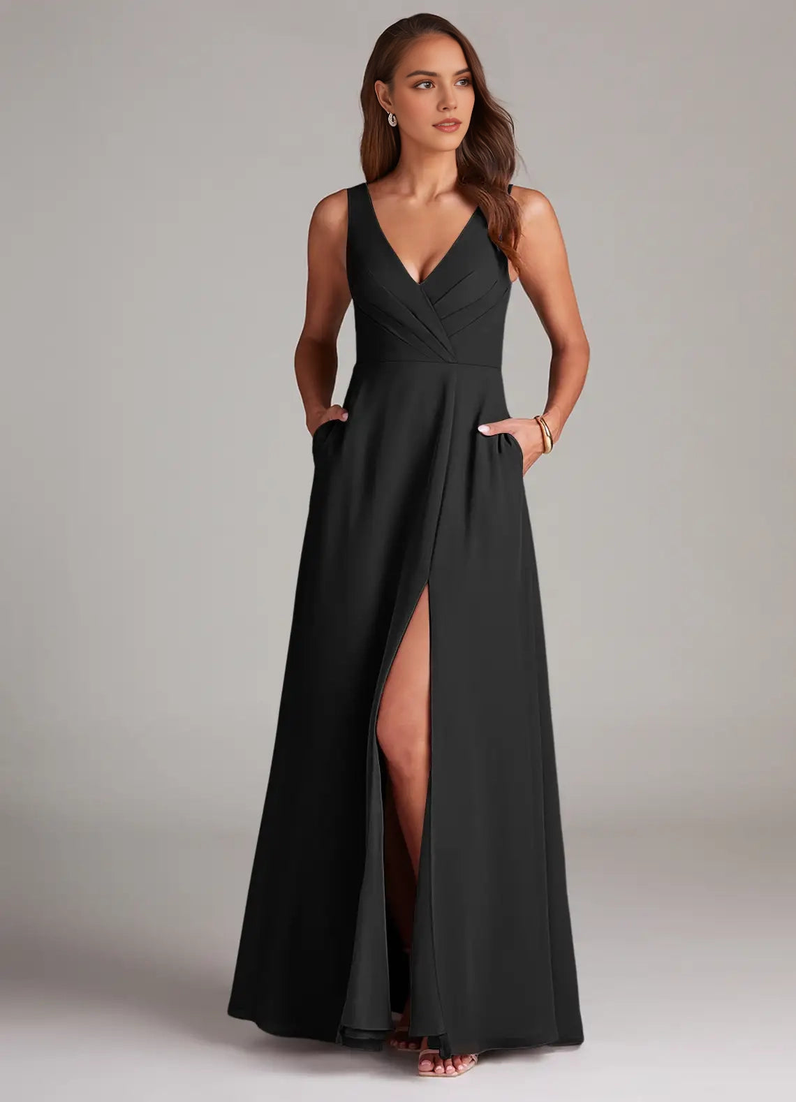 Black V-Neck Open Back Evening Gown with Side Slit  A-Line Pleated Chiffon Bridesmaid Dresses