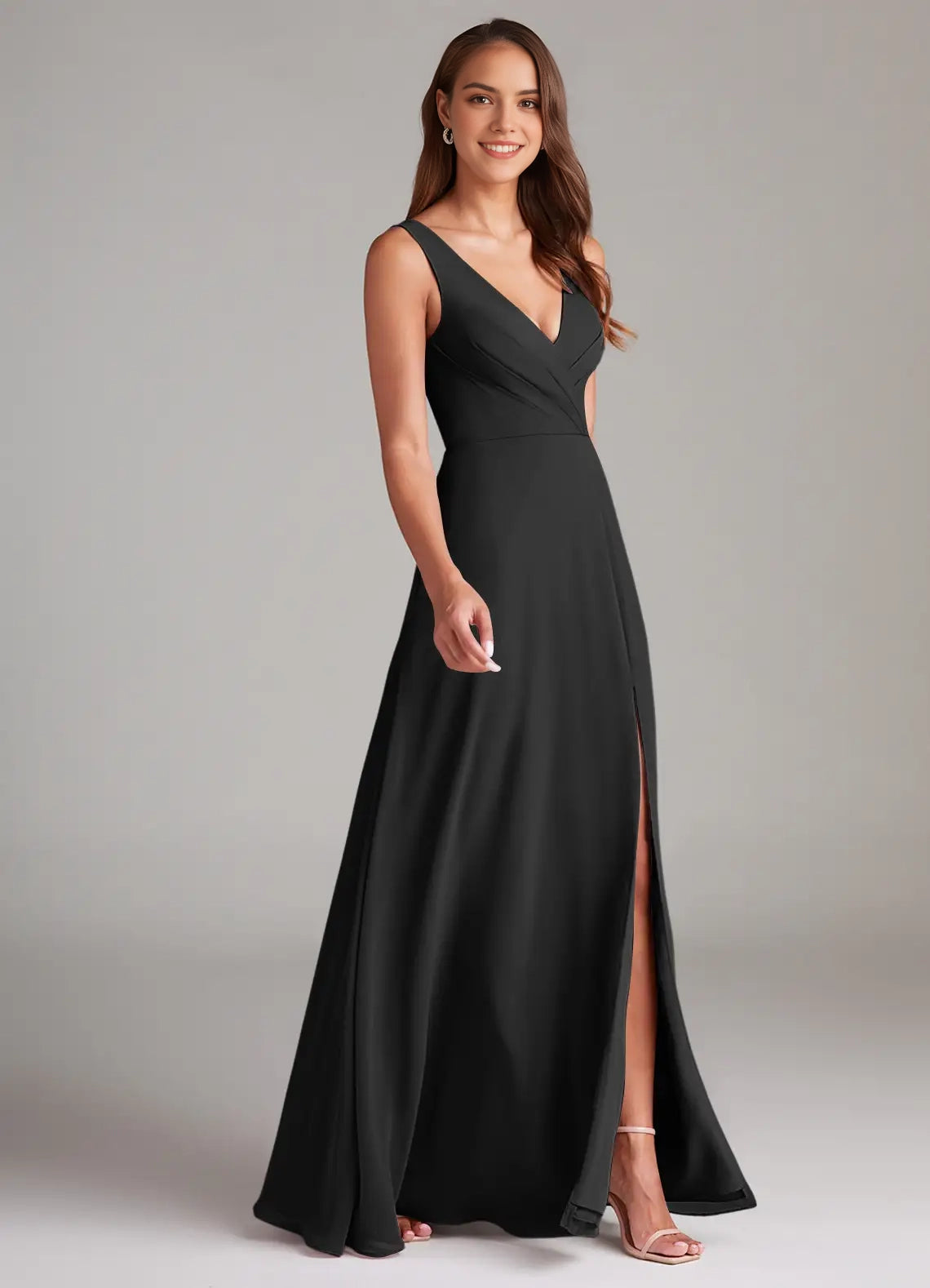 Black V-Neck Open Back Evening Gown with Side Slit  A-Line Pleated Chiffon Bridesmaid Dresses