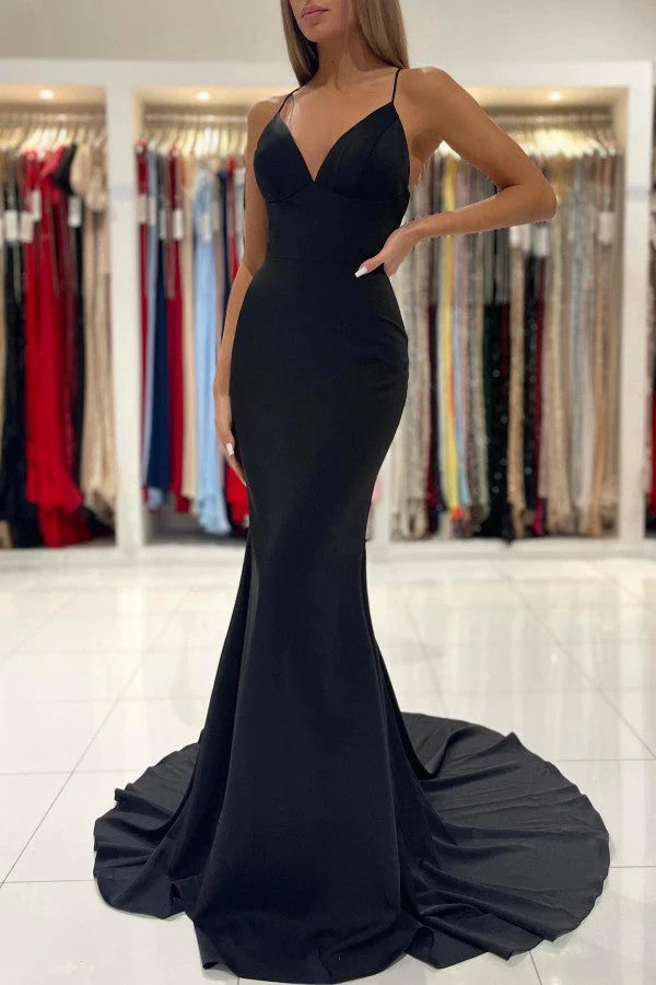 Black V-Neck Spaghetti-Straps Prom Dress Mermaid Sleeveless Simple gentle atmospheric and unique design