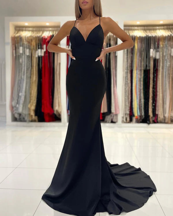 Black V-Neck Spaghetti-Straps Prom Dress Mermaid Sleeveless Simple gentle atmospheric and unique design