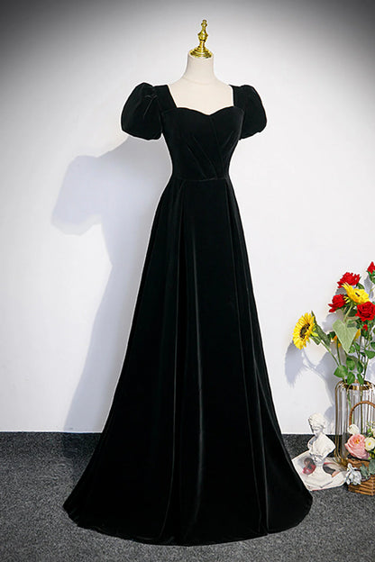 Black Velvet Short Sleeve Floor Length Prom Dress Simple A-Line Evening Party Dress simple gentle atmospheric and unique desi Bring summer colors to enhance white