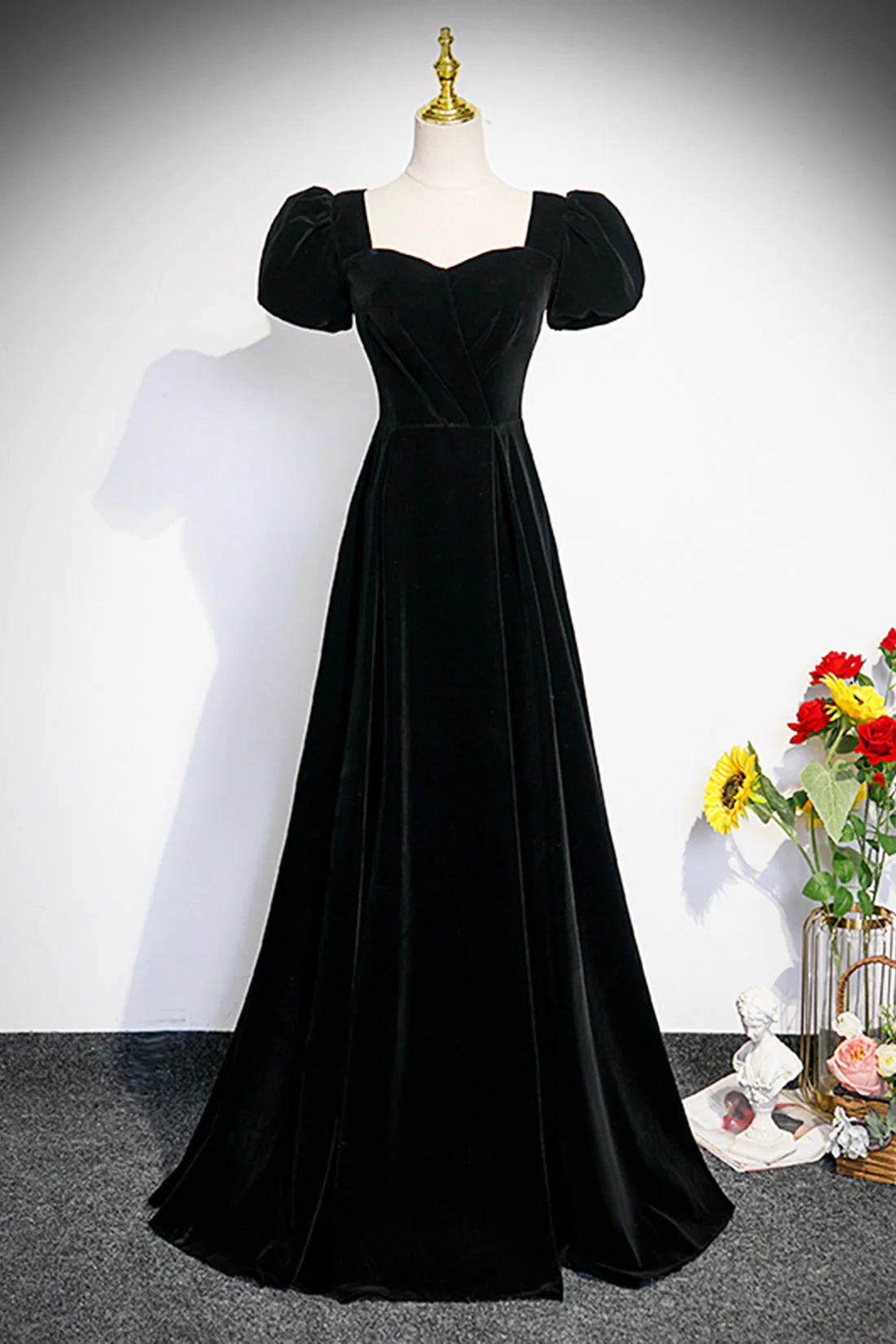 Black Velvet Short Sleeve Floor Length Prom Dress Simple A-Line Evening Party Dress simple gentle atmospheric and unique desi Bring summer colors to enhance white