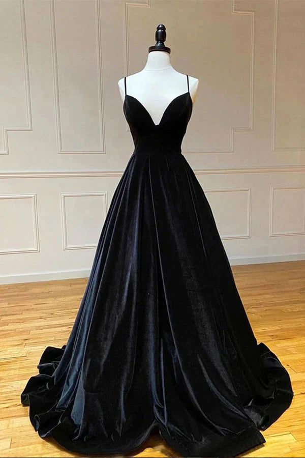 Black Velvet V Neck A Line Long Prom Dress Spaghetti Straps Long Party Dress simple gentle atmospheric and unique desi Bring summer colors to enhance whiteness
