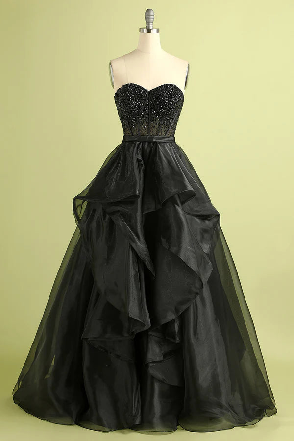 Black Strapless Ball Gown Evening Dress with Beading Simple gentle atmospheric and unique design ﻿
