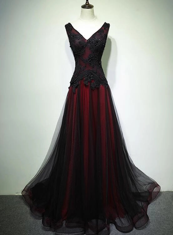Black and Red Tulle V-neckline Beaded Lace Long Party Dress,A-line Formal Evening Dresses simple gentle atmospheric and unique desi Bring summer colors to enhance whiteness