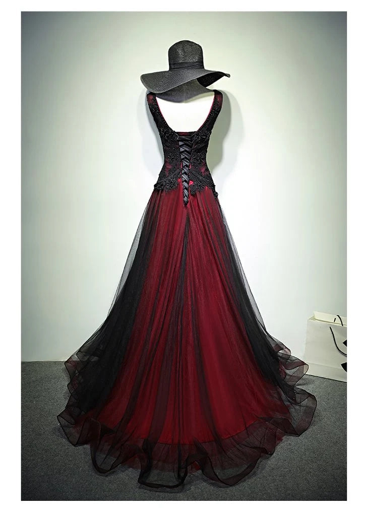 Black and Red Tulle V-neckline Beaded Lace Long Party Dress,A-line Formal Evening Dresses simple gentle atmospheric and unique desi Bring summer colors to enhance whiteness