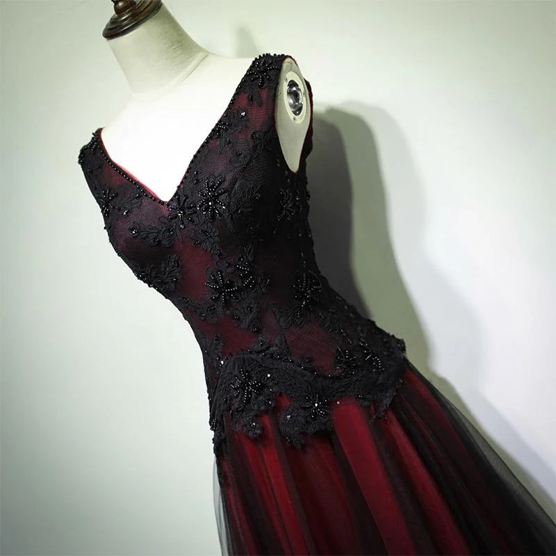Black and Red Tulle V-neckline Beaded Lace Long Party Dress,A-line Formal Evening Dresses simple gentle atmospheric and unique desi Bring summer colors to enhance whiteness