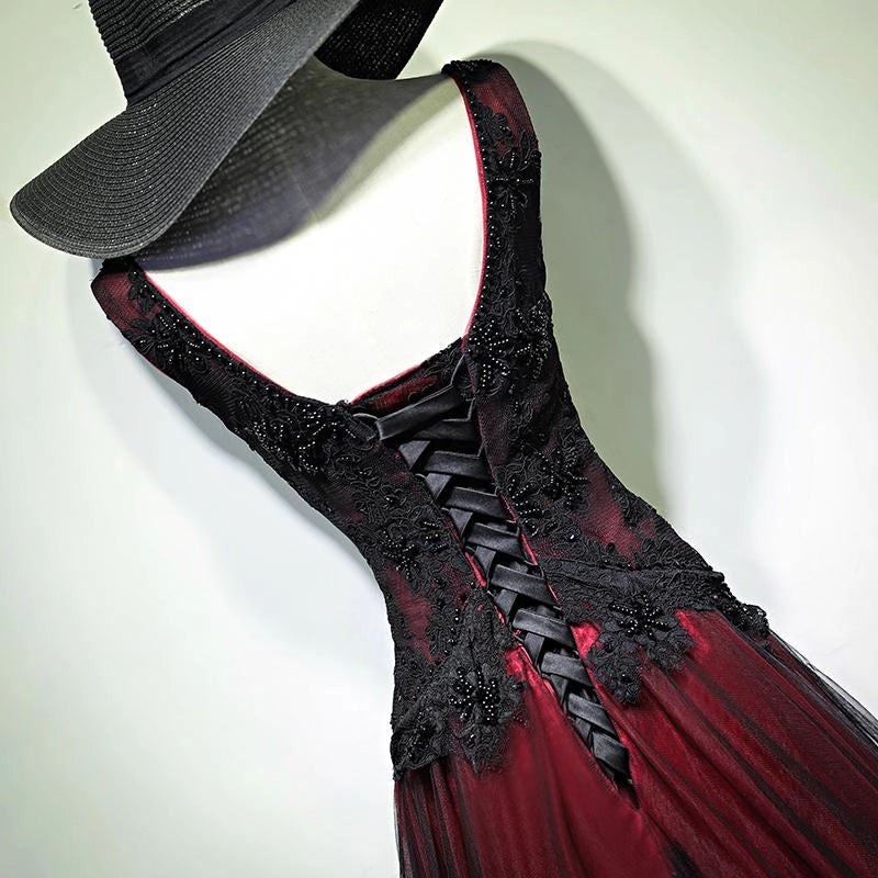 Black and Red Tulle V-neckline Beaded Lace Long Party Dress,A-line Formal Evening Dresses simple gentle atmospheric and unique desi Bring summer colors to enhance whiteness