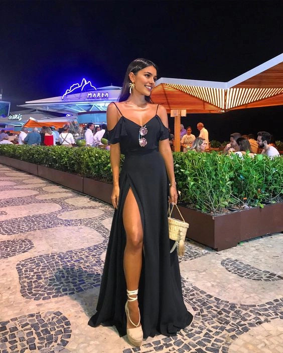 Black camisole long dress with deep V-neckline and thin camisole design, featuring ruffled shoulder decorations, suitable for dinners, parties, etc
