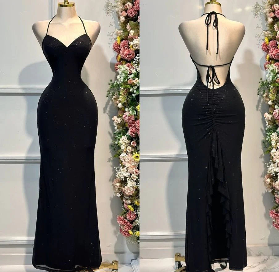 Black halter neck dress with deep V-neck and backless tie, slim fishtail skirt with delicate shimmer embellishments