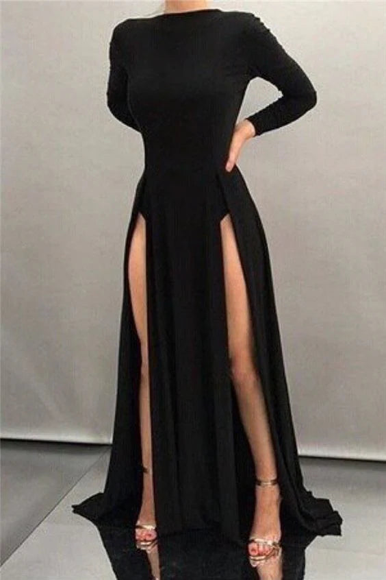 Black long dress, high neck long sleeves, slim fit style paired with double-sided high slit, suitable for dinners, parties and other occasions