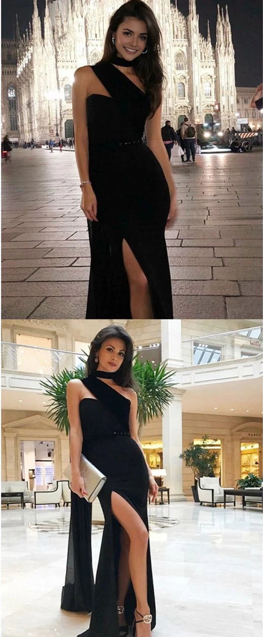 Black one shoulder long dress dress, paired with black velvet, suitable for dinners, parties, red carpets, etc
