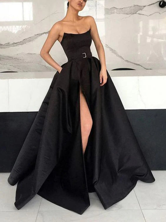 Black strapless dress with high waist and metal buckle belt suitable for occasions such as dinners and dances