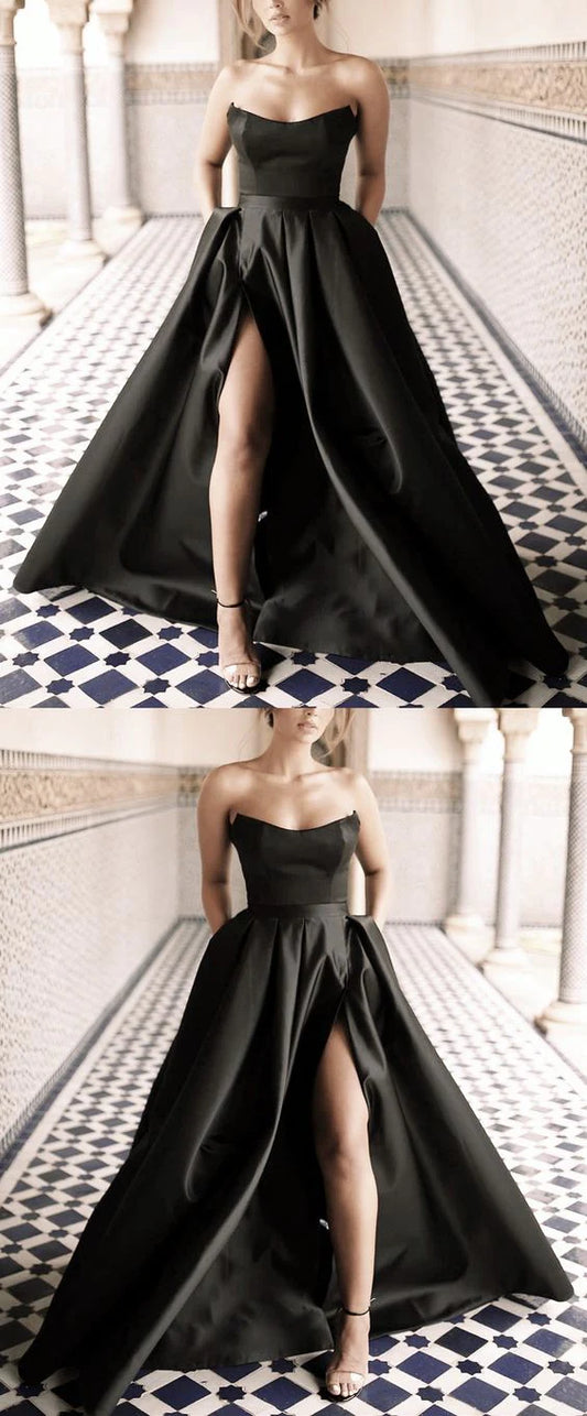 Black strapless dress with high waisted hem and high slit, suitable for occasions such as dinners and dances,