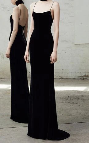 Black velvet dress with suspender square collar design, slim fit fishtail skirt with trailing edge suitable for dinners, dances and other occasions