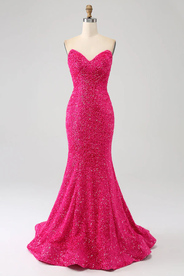Bling Mermaid Sweetheart Hot Pink Sequins Long Prom Dress simple gentle atmospheric and unique desi
