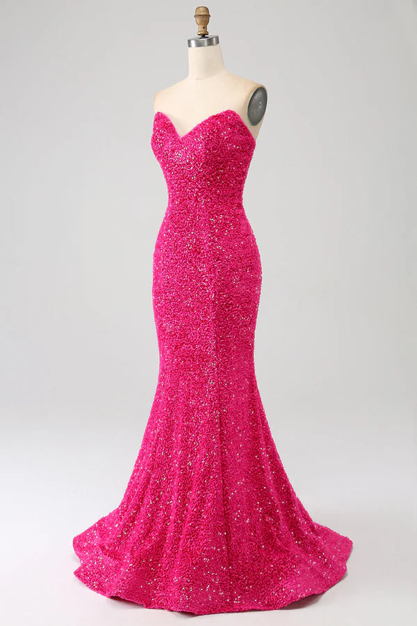 Bling Mermaid Sweetheart Hot Pink Sequins Long Prom Dress simple gentle atmospheric and unique desi