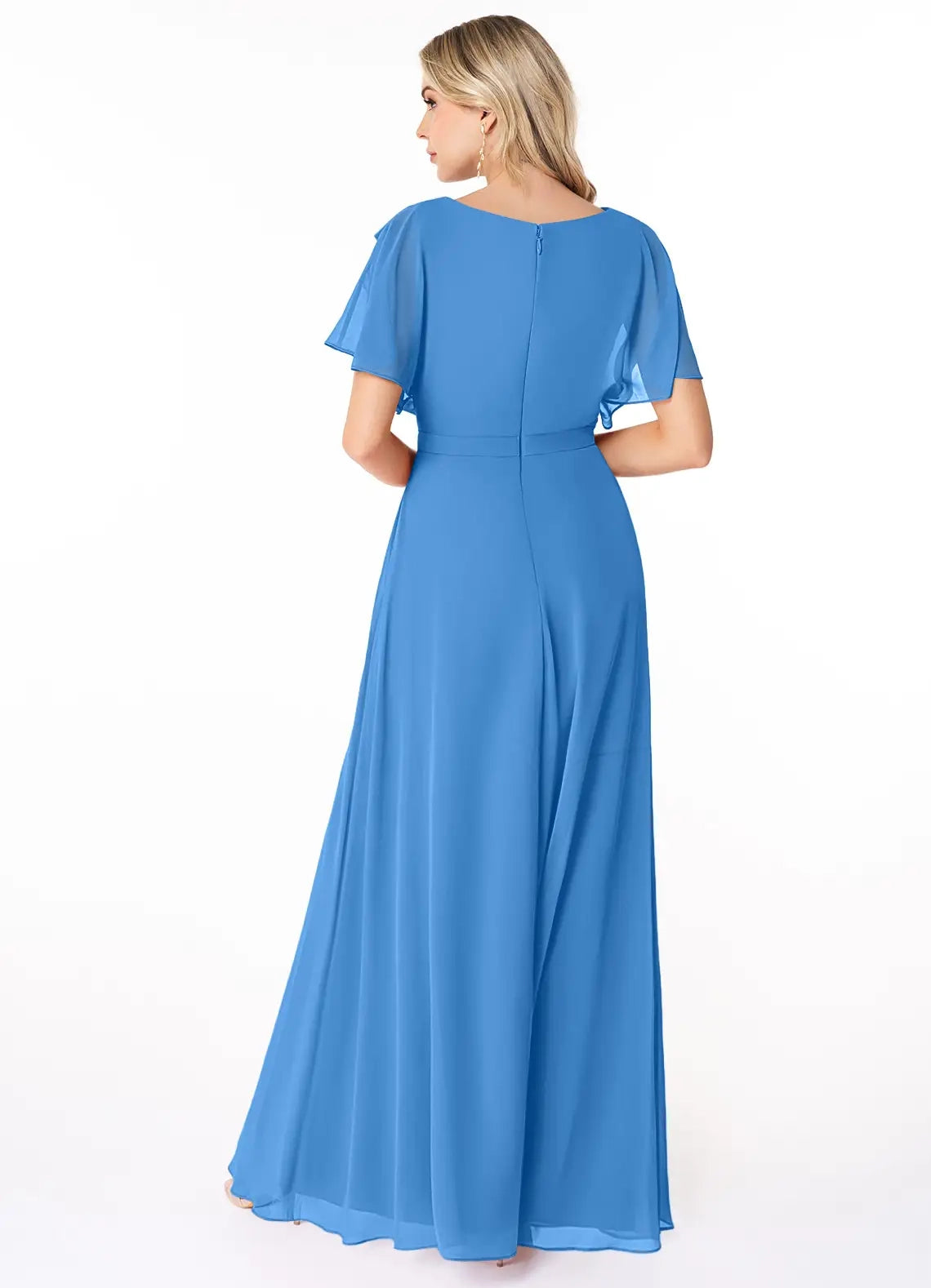 Blue Chiffon Maxi with Ruffled Shoulder and Belted Waist Scoop Pleated Floor-Length Dress Blue Jay Bridesmaid Dresses