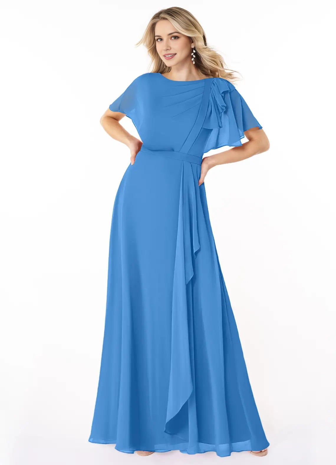 Blue Chiffon Maxi with Ruffled Shoulder and Belted Waist Scoop Pleated Floor-Length Dress Blue Jay Bridesmaid Dresses