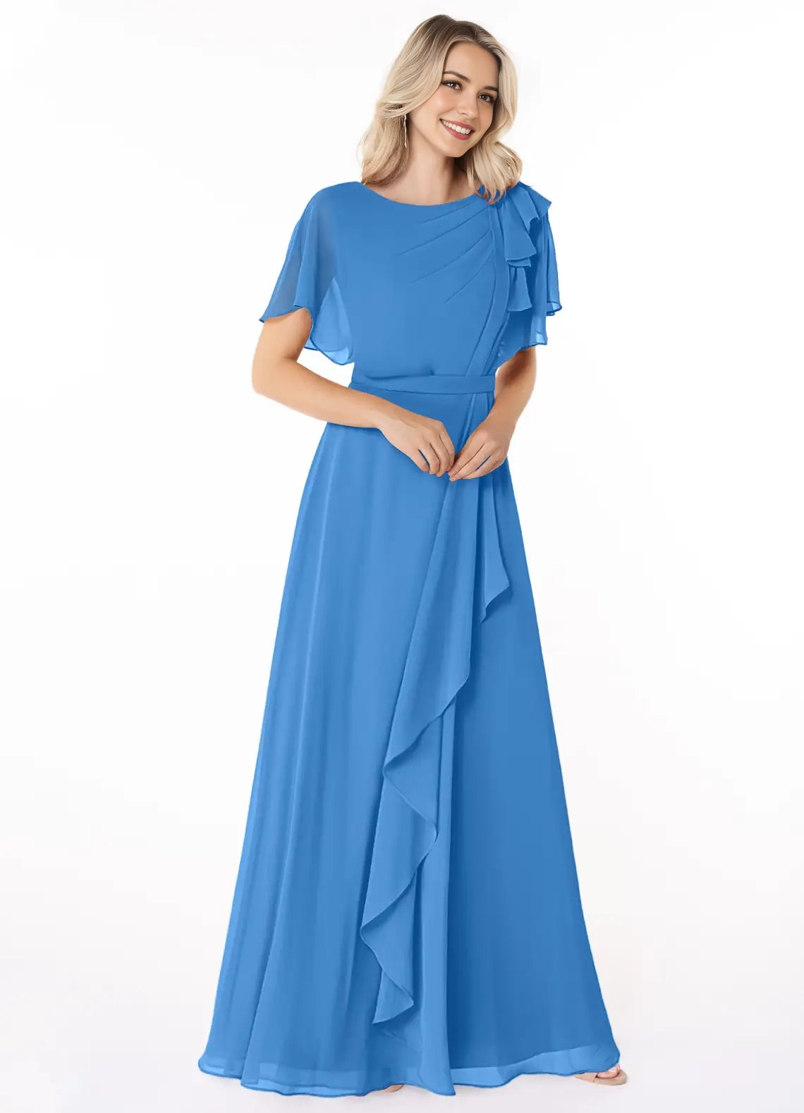 Blue Chiffon Maxi with Ruffled Shoulder and Belted Waist Scoop Pleated Floor-Length Dress Blue Jay Bridesmaid Dresses