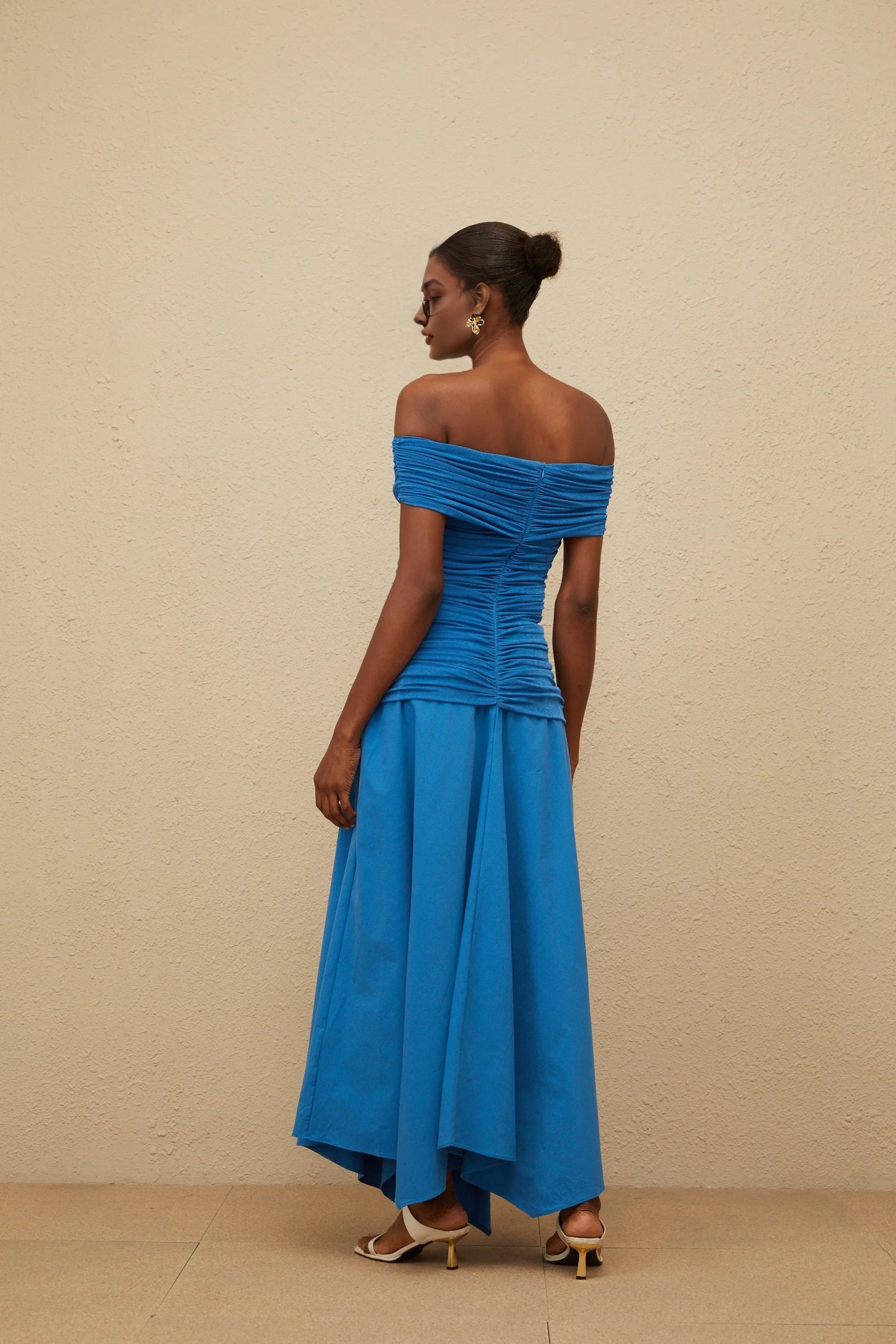 Blue Off - Shoulder Ruched Maxi Dress with Asymmetric Hem Blue Off-Shoulder Ruched Maxi Dress Evening Dress