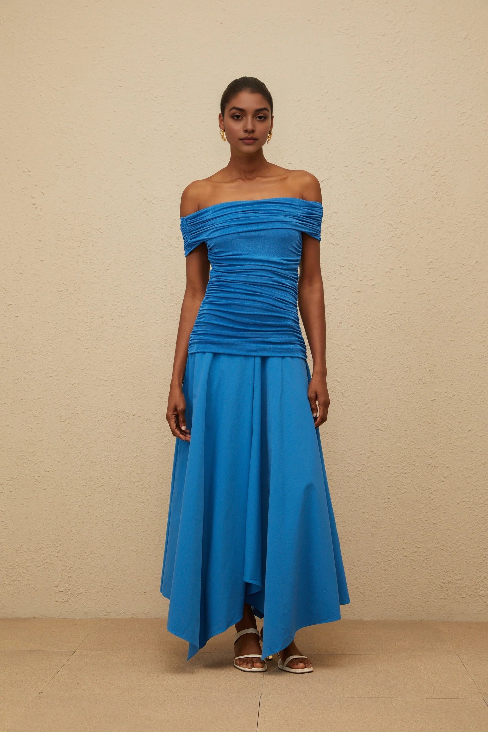 Blue Off - Shoulder Ruched Maxi Dress with Asymmetric Hem Blue Off-Shoulder Ruched Maxi Dress Evening Dress