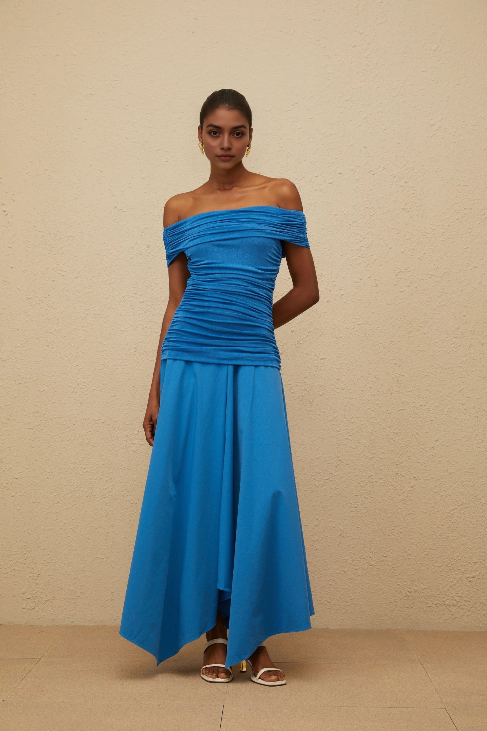 Blue Off - Shoulder Ruched Maxi Dress with Asymmetric Hem Blue Off-Shoulder Ruched Maxi Dress Evening Dress
