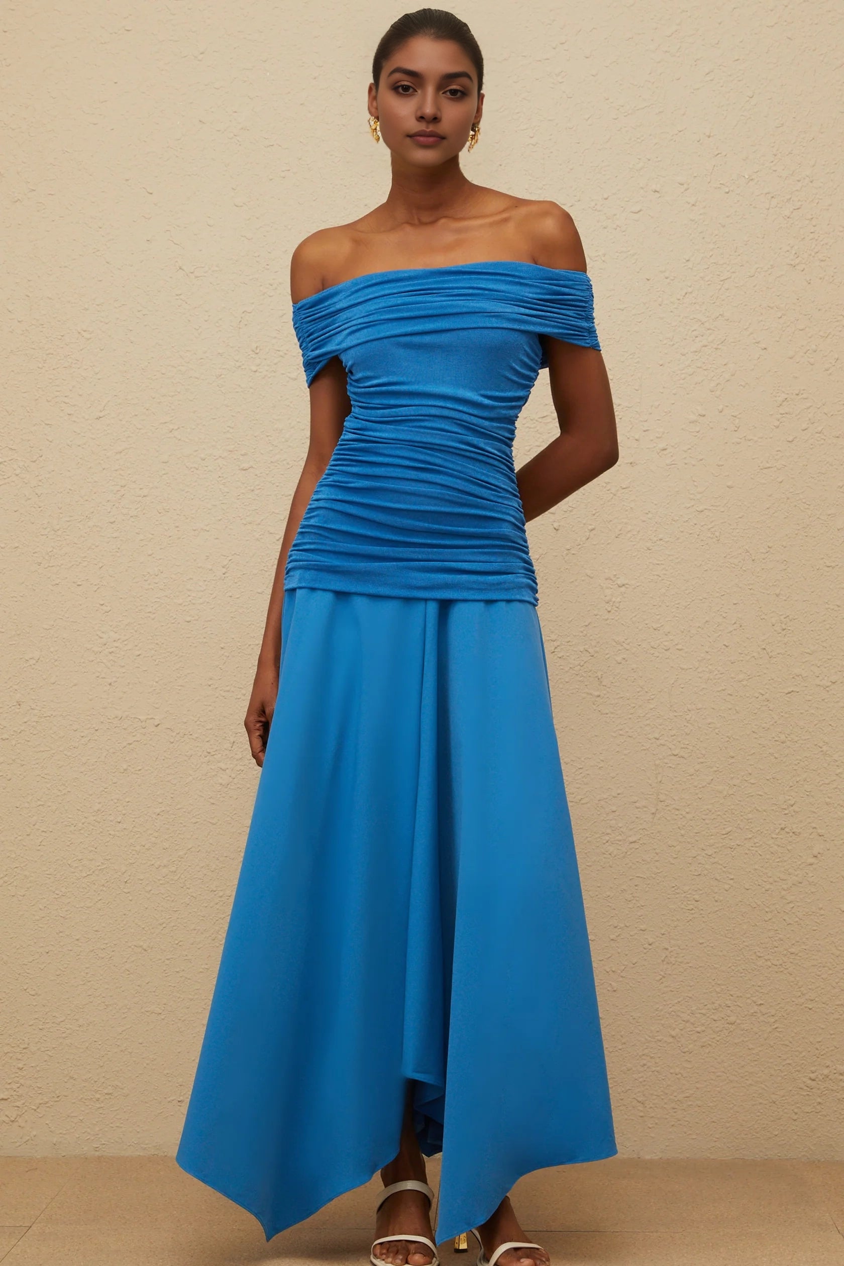 Blue Off - Shoulder Ruched Maxi Dress with Asymmetric Hem Blue Off-Shoulder Ruched Maxi Dress Evening Dress