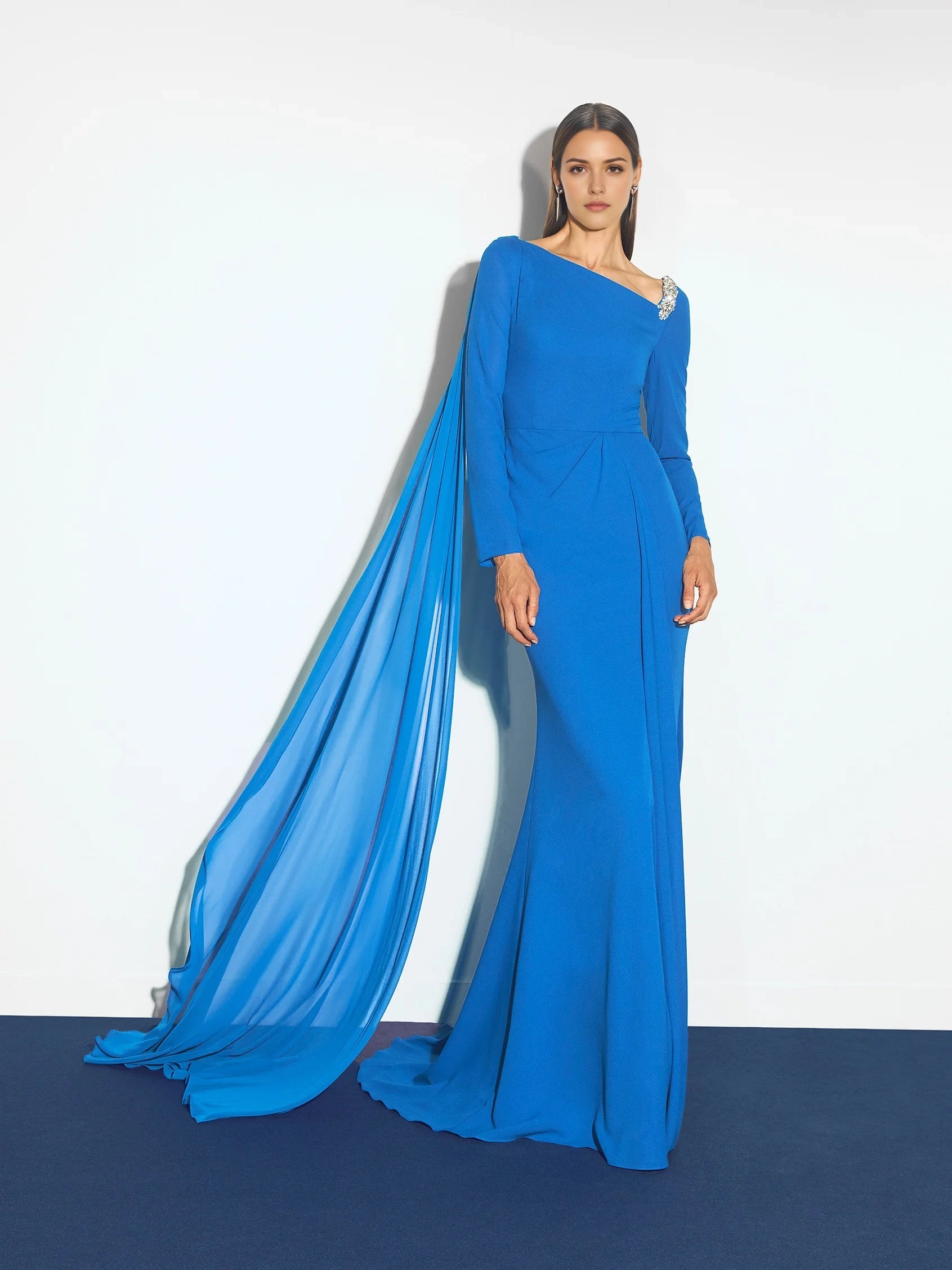 Blue One-Shoulder Maxi Dress with Cape and Beading Mermaid evening dress with long sleeves in georgette Mother of the Bride Dresses