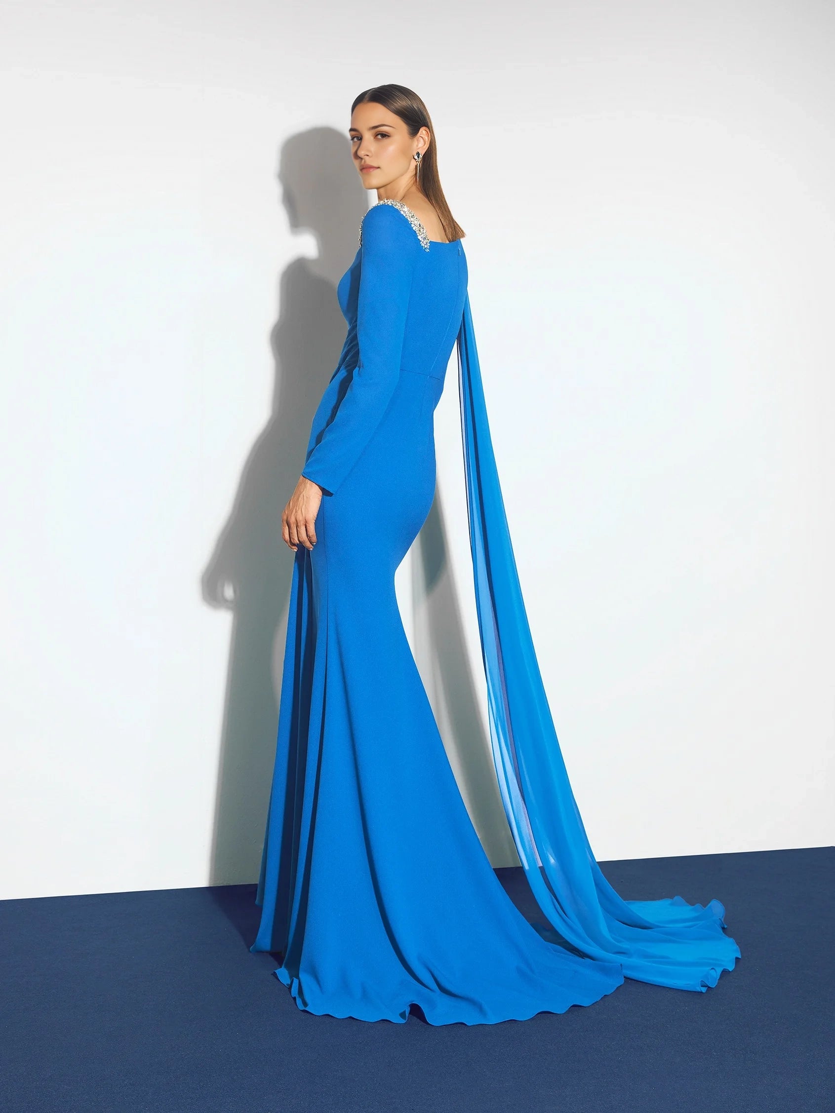 Blue One-Shoulder Maxi Dress with Cape and Beading Mermaid evening dress with long sleeves in georgette Mother of the Bride Dresses
