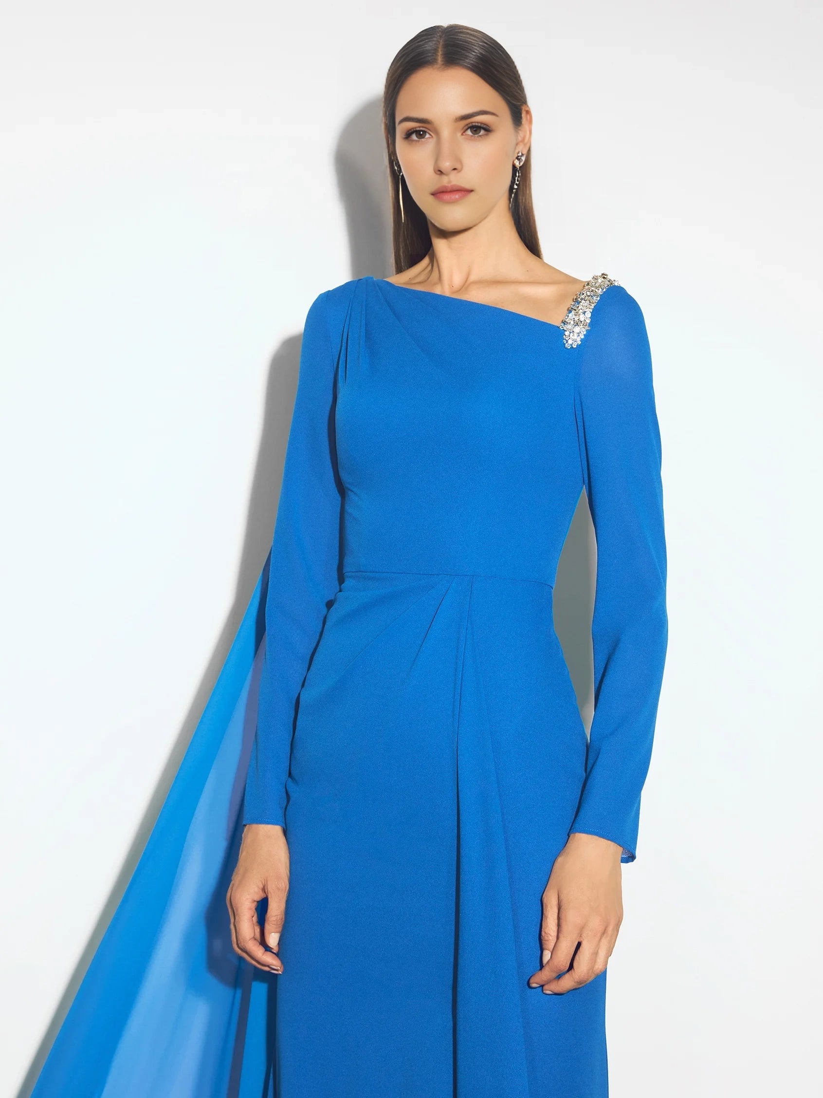 Blue One-Shoulder Maxi Dress with Cape and Beading Mermaid evening dress with long sleeves in georgette Mother of the Bride Dresses