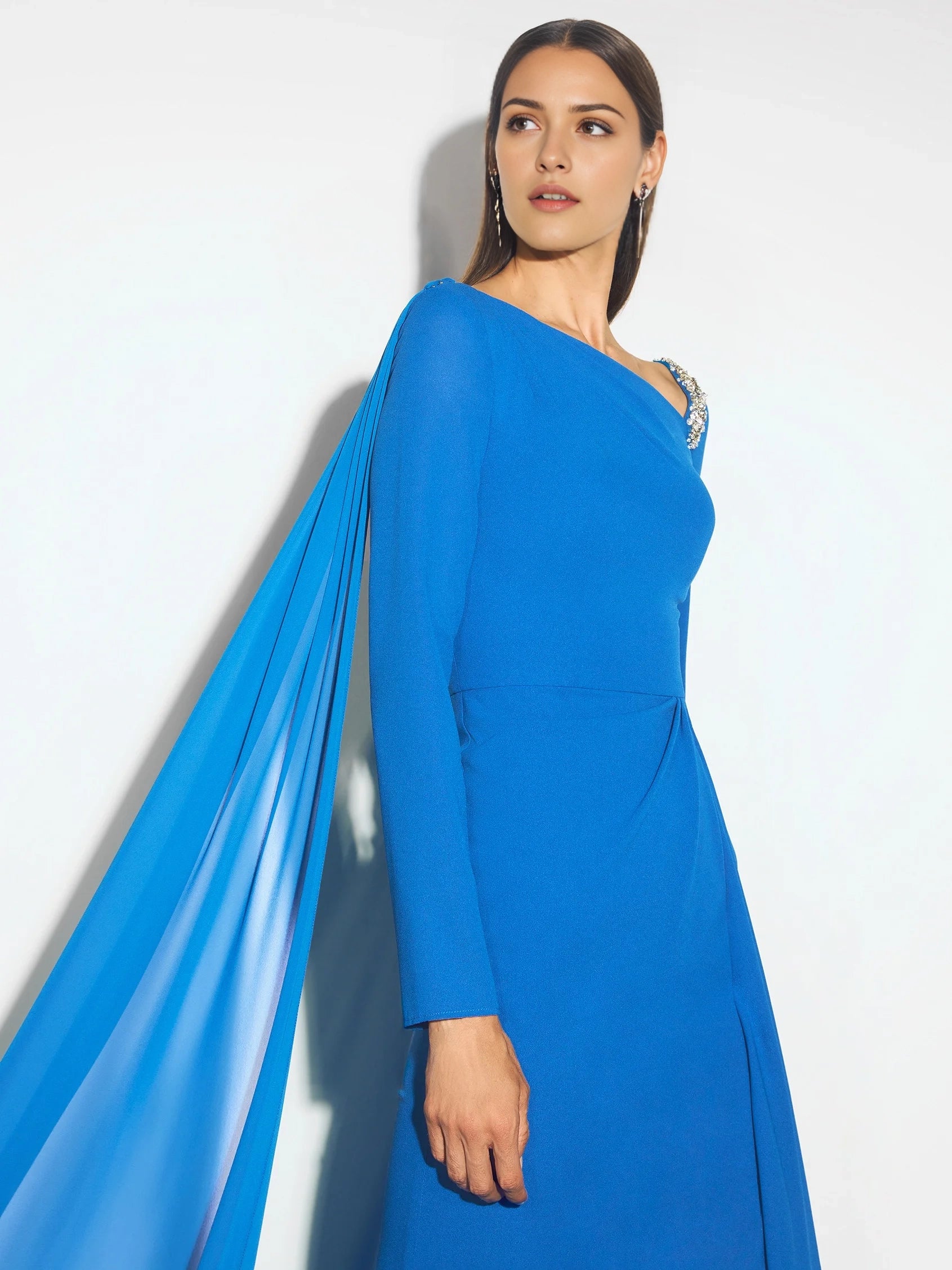 Blue One-Shoulder Maxi Dress with Cape and Beading Mermaid evening dress with long sleeves in georgette Mother of the Bride Dresses