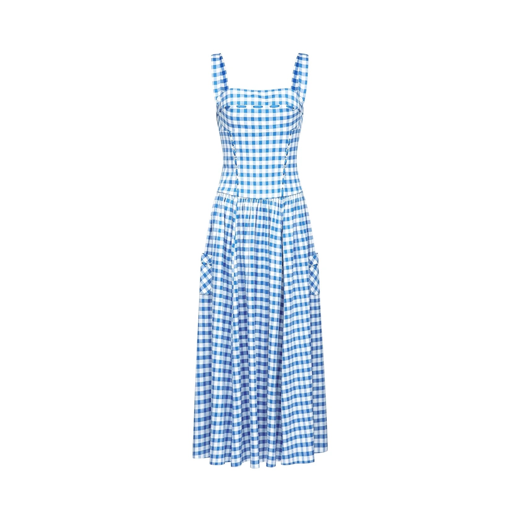Blue and White Gingham Strappy Midi Dress gingham midi dress Evening Dress