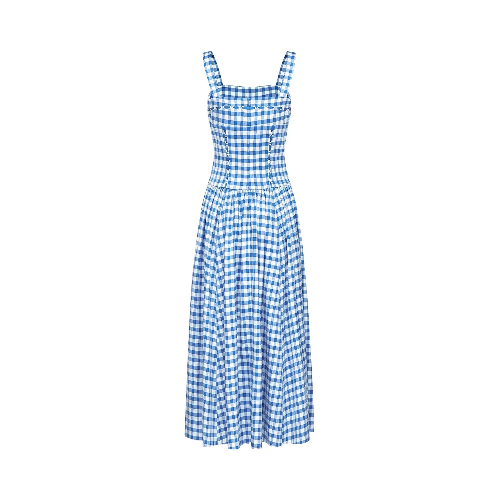 Blue and White Gingham Strappy Midi Dress gingham midi dress Evening Dress