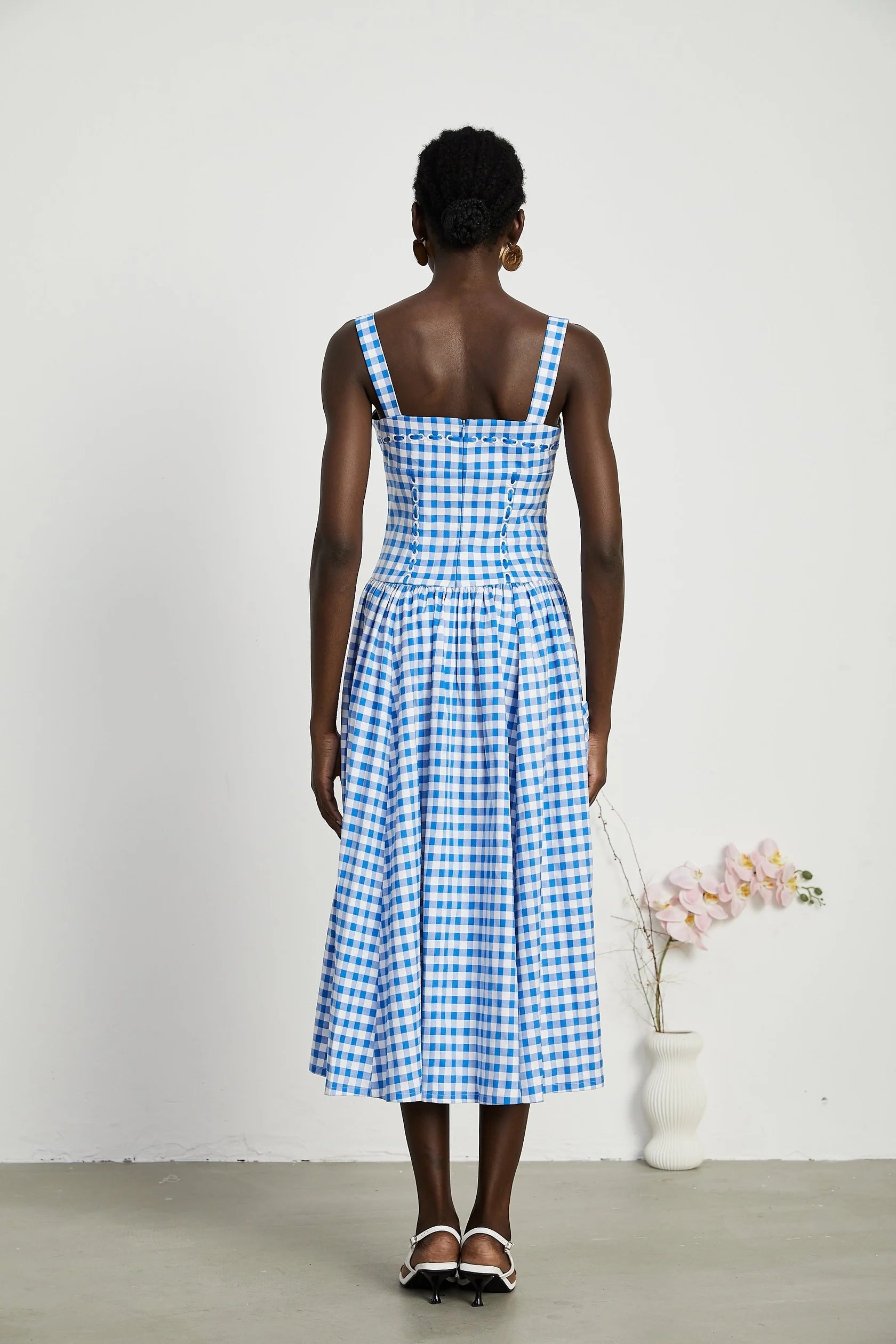 Blue and White Gingham Strappy Midi Dress gingham midi dress Evening Dress
