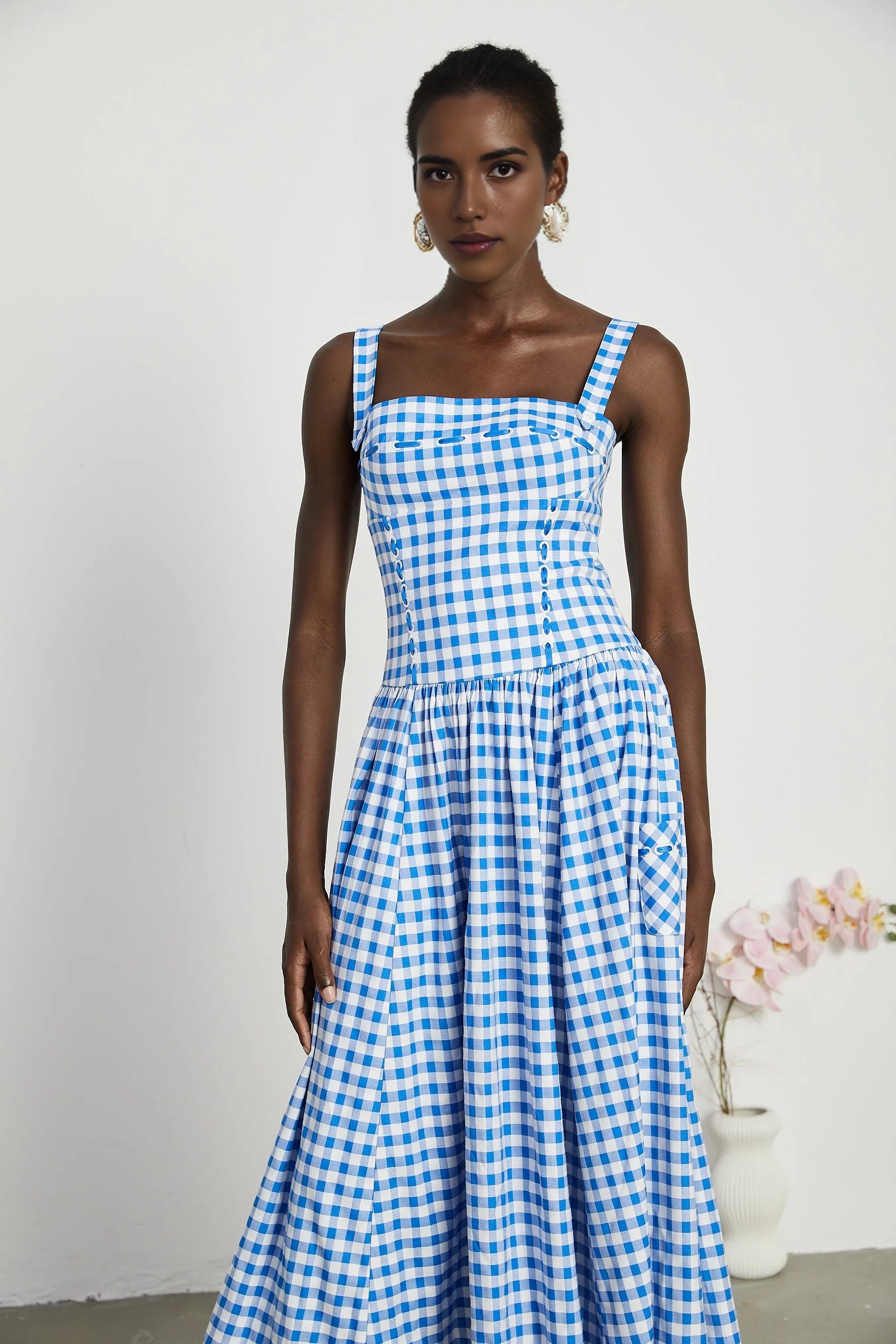 Blue and White Gingham Strappy Midi Dress gingham midi dress Evening Dress