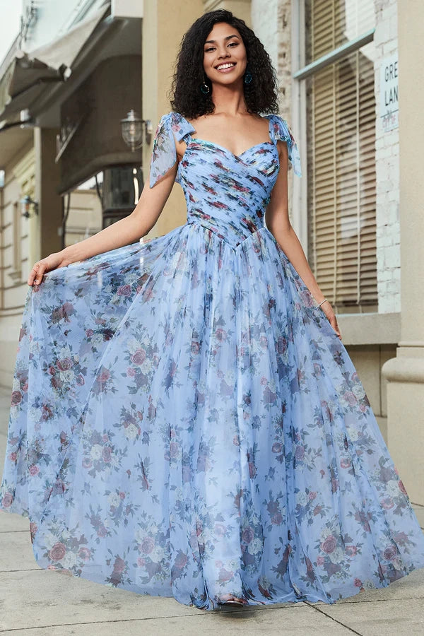 Blue A-Line Printed Adjustable Straps Long Prom Dress simple gentle atmospheric and unique desig